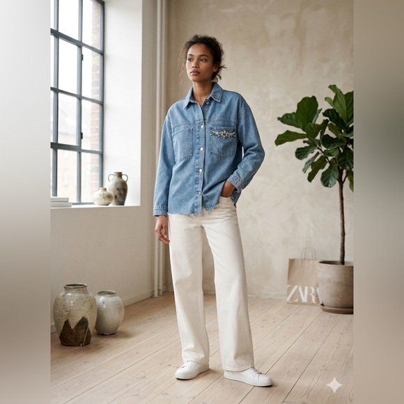 Zara Jackets & Blazers - Zara Denim Bejeweled Jacket Blue Pocket , size Small